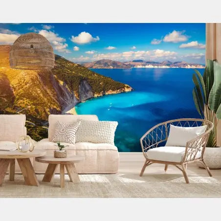 Wall mural sunlit Myrtos beach overlook, Kefalonia • Wallissimo®