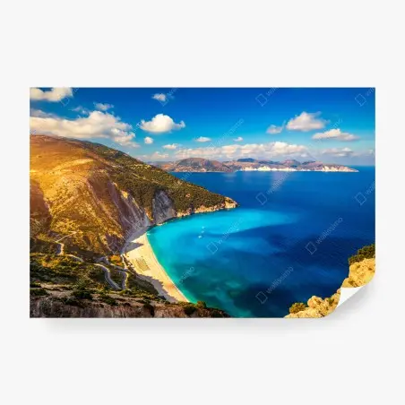 Wall mural sunlit Myrtos beach overlook, Kefalonia • Wallissimo®