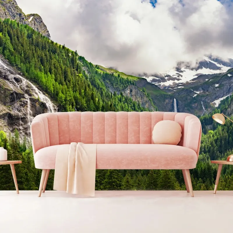 Wall mural misty alpine waterfalls over lush pine valley ⁕ Wallissimo® Wall mural misty alpine waterfalls over lush pine valley ⁕ Wallissimo®