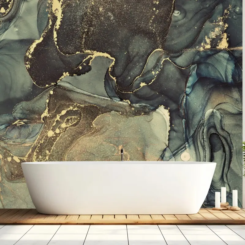 Wall mural turquoise and gold fluid abstract art