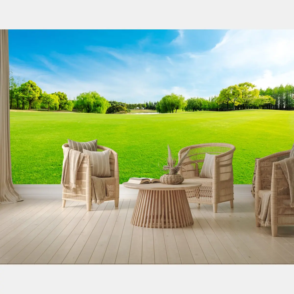 Wall mural serene green meadow under a blue sky • Wallissimo®
