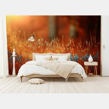 Wall mural butterfly in a golden meadow • Wallissimo®
