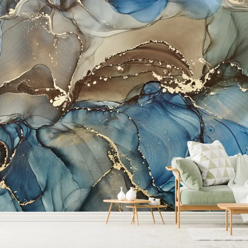 Wall mural blue and gold fluid abstract