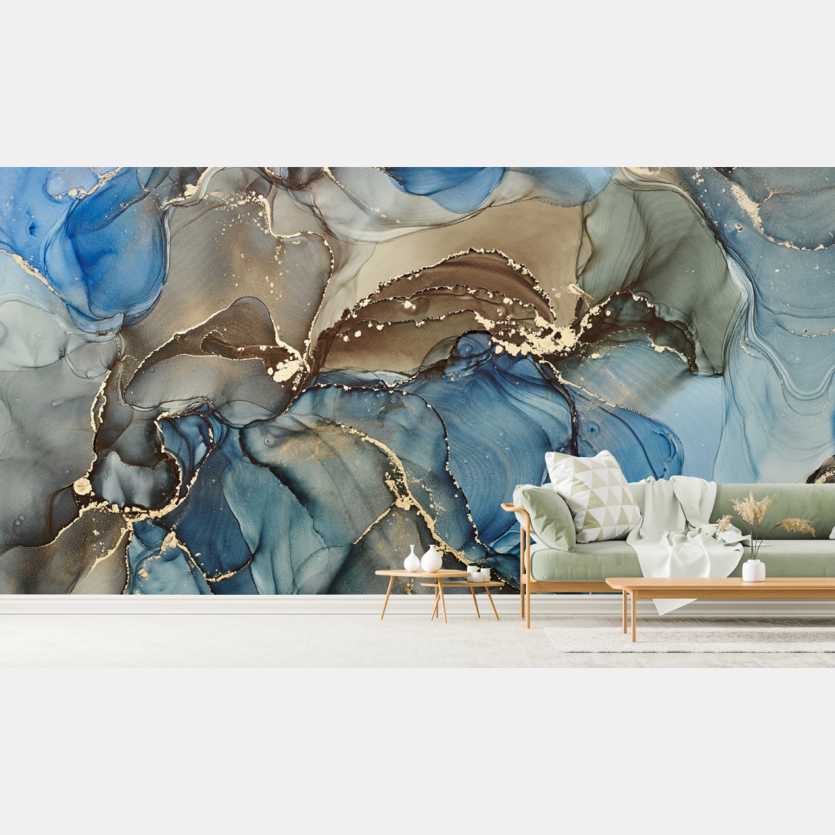 Wall mural blue and gold fluid abstract • Wallissimo®