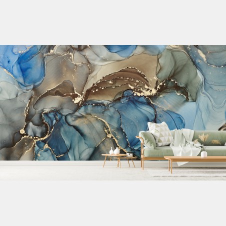 Wall mural blue and gold fluid abstract • Wallissimo®