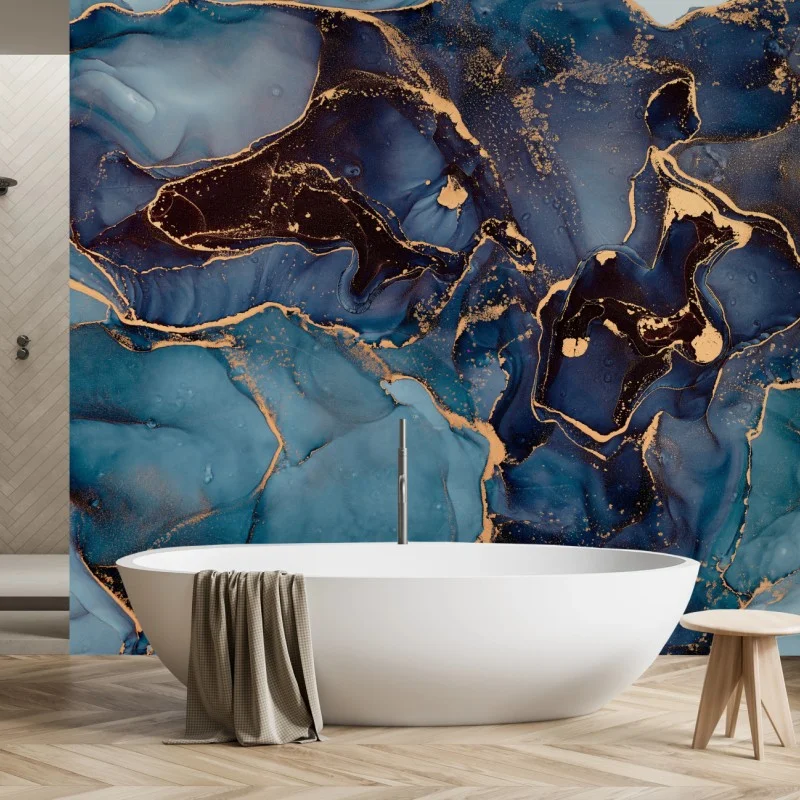 Wall mural deep ocean blues with gold veins