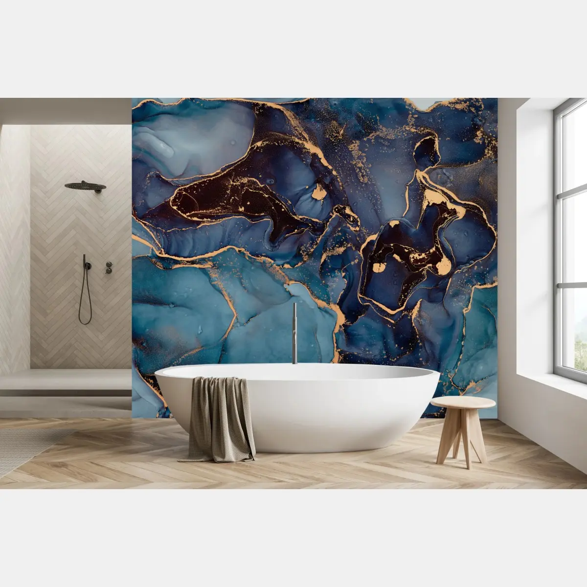 Wall mural deep ocean blues with gold veins • Wallissimo®