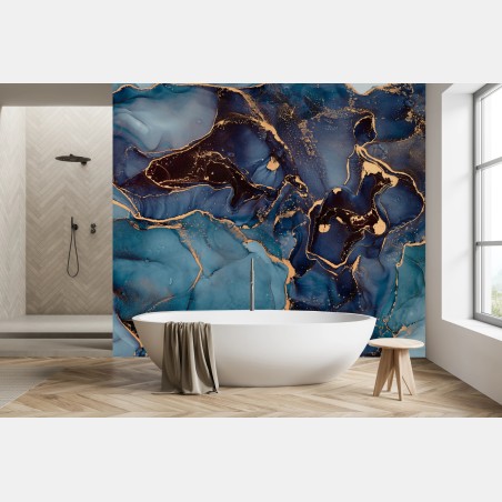 Wall mural deep ocean blues with gold veins • Wallissimo®