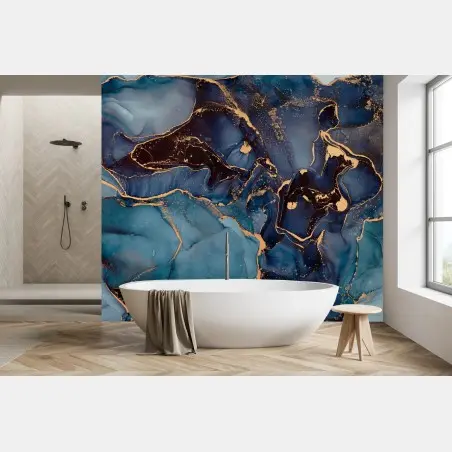 Wall mural deep ocean blues with gold veins • Wallissimo®