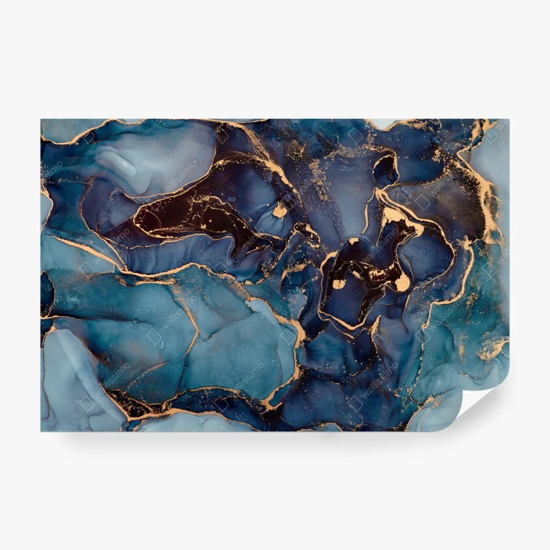 Wall mural deep ocean blues with gold veins