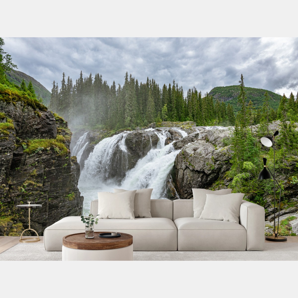 Wall mural misty waterfall in a lush pine forest • Wallissimo®