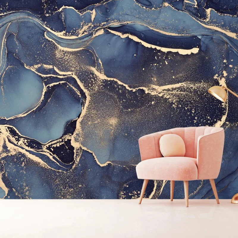 Wall mural dreamy navy and gold fluid art