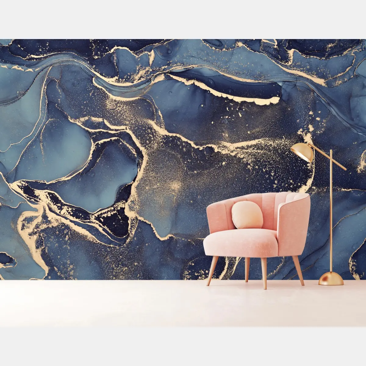 Wall mural dreamy navy and gold fluid art • Wallissimo®