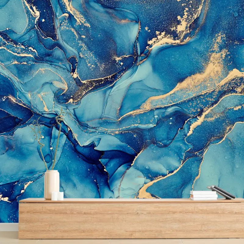 Wall mural ocean blue and gold fluid abstract