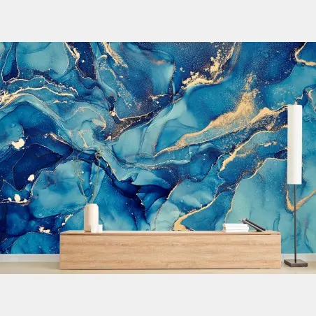 Wall mural ocean blue and gold fluid abstract • Wallissimo®