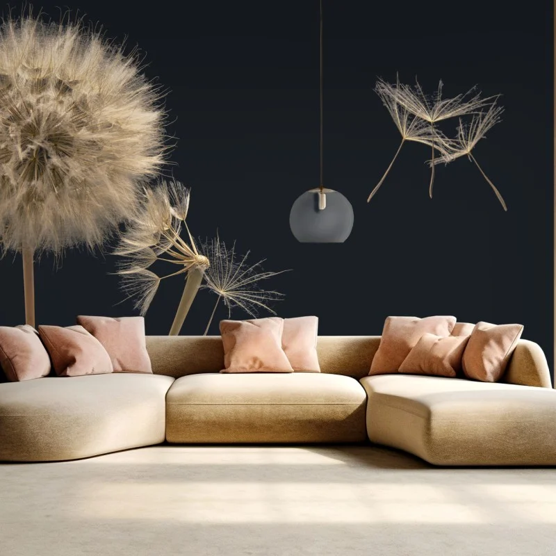 Wall mural delicate dandelion seeds on dark background