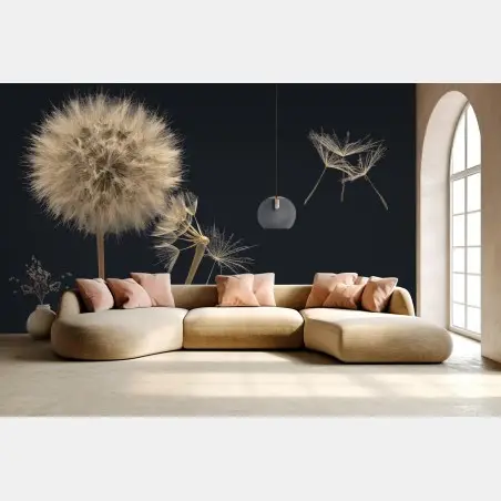 Wall mural delicate dandelion seeds on dark background • Wallissimo®