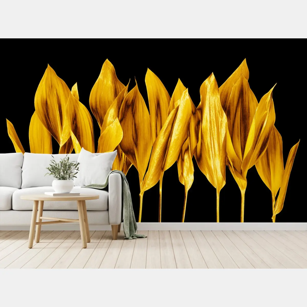 Wall mural golden leaves on black background • Wallissimo®