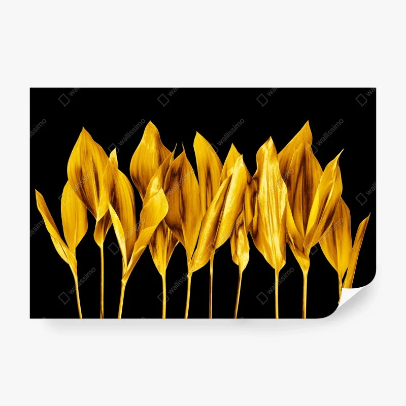 Wall mural golden leaves on black background