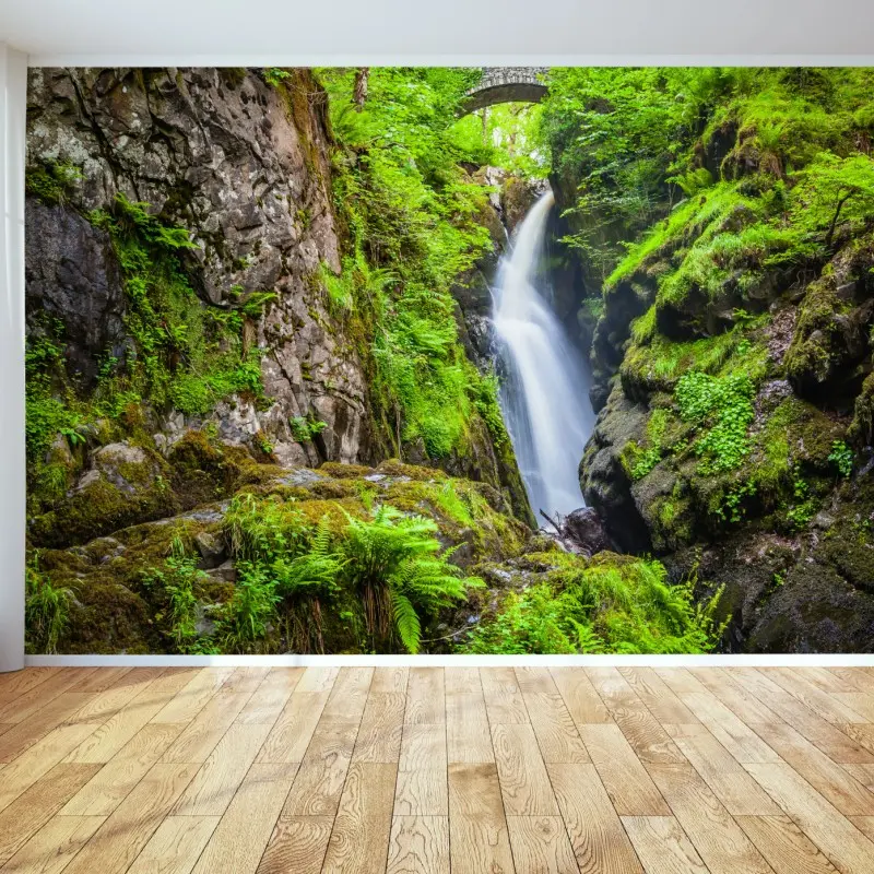 Wall mural mossy gorge waterfall with stone bridge