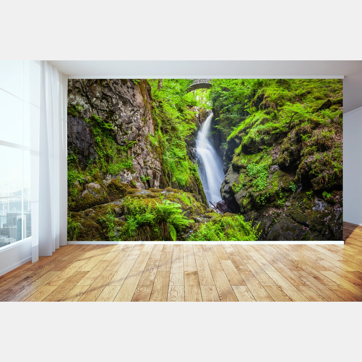 Wall mural mossy gorge waterfall with stone bridge • Wallissimo®