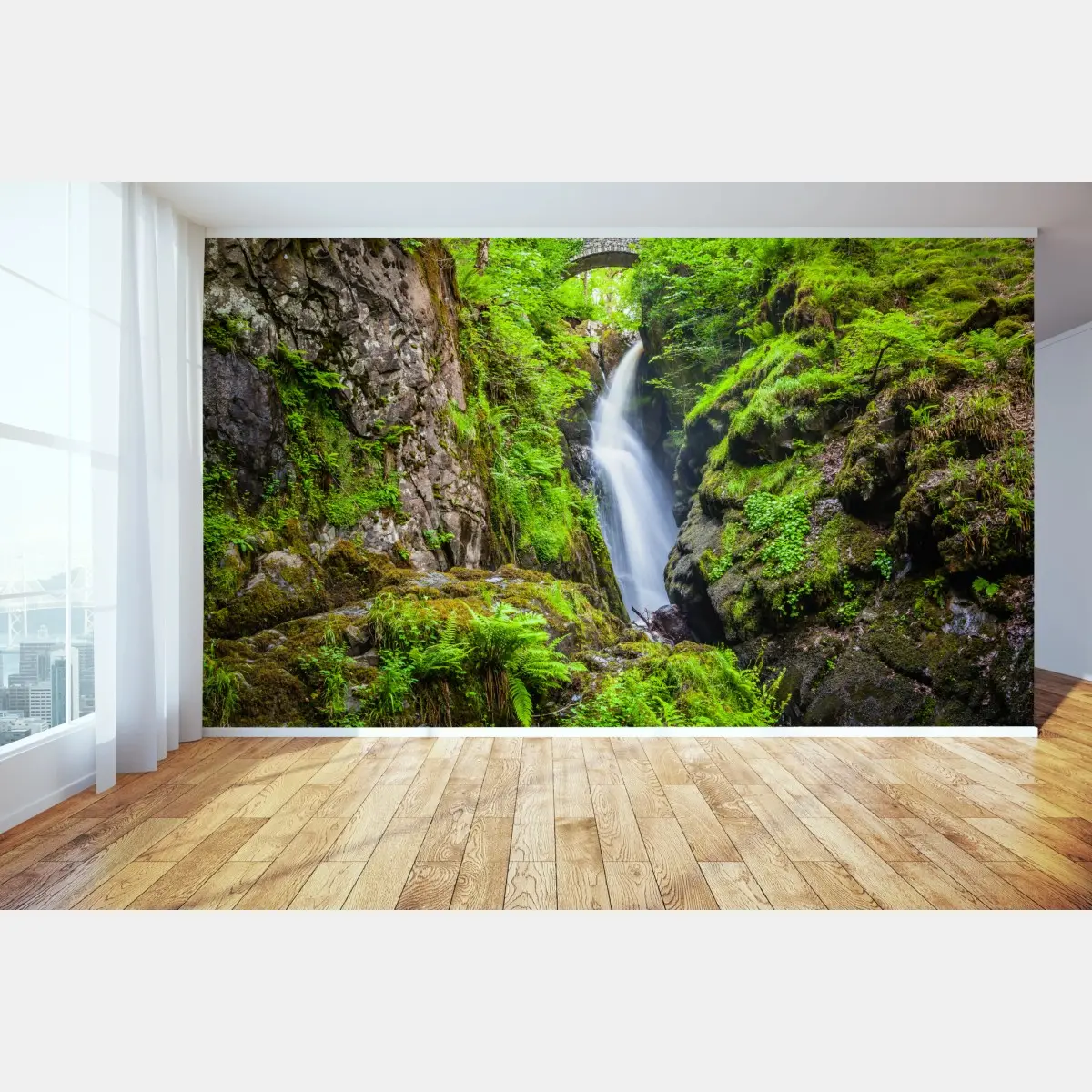 Wall mural mossy gorge waterfall with stone bridge • Wallissimo®