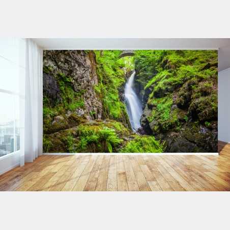 Wall mural mossy gorge waterfall with stone bridge • Wallissimo®