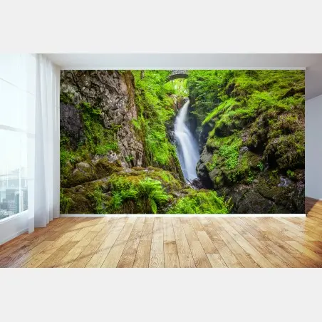 Wall mural mossy gorge waterfall with stone bridge • Wallissimo®