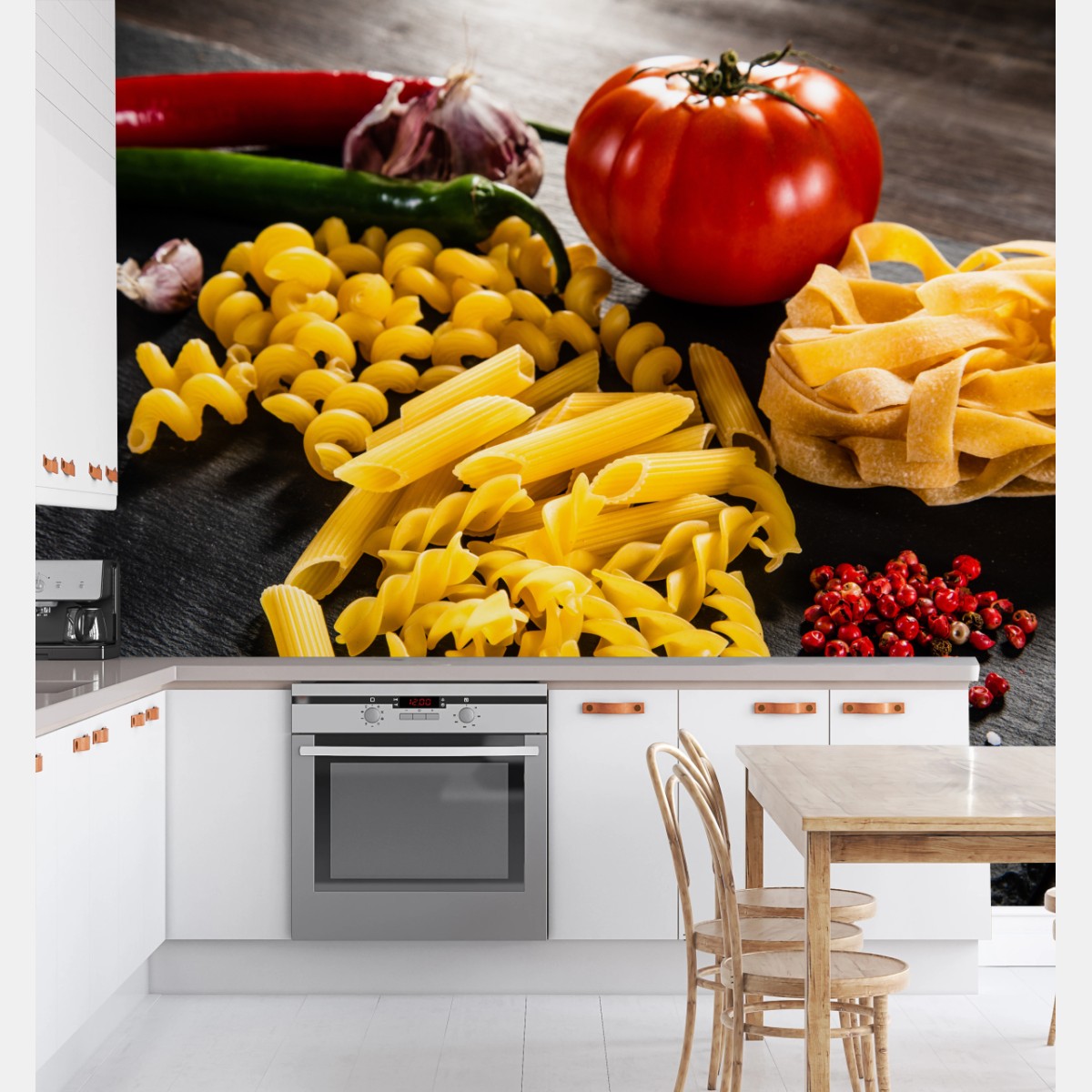 Wall mural assorted dry pasta and fresh ingredients • Wallissimo®