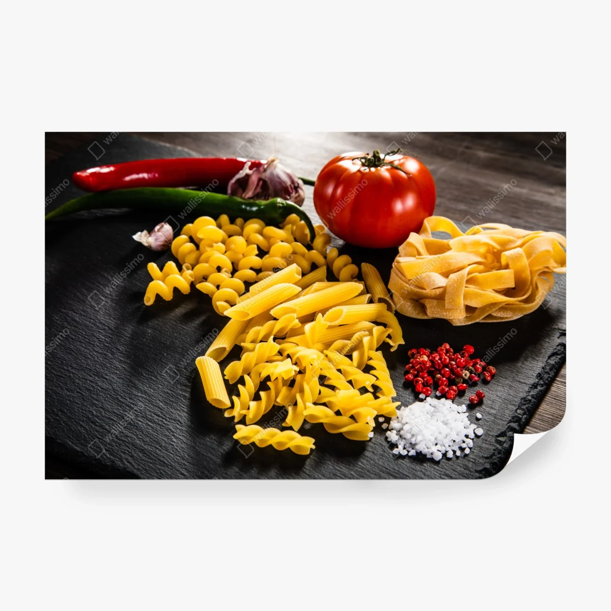 Wall mural assorted dry pasta and fresh ingredients ⁕ Wallissimo®
