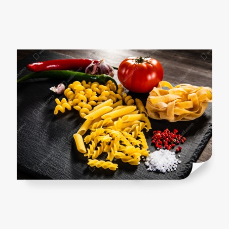 Wall mural assorted dry pasta and fresh ingredients • Wallissimo®