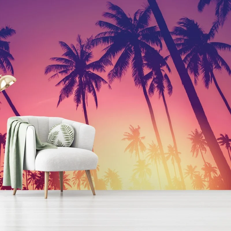 Wall mural tropical palm sunset silhouette