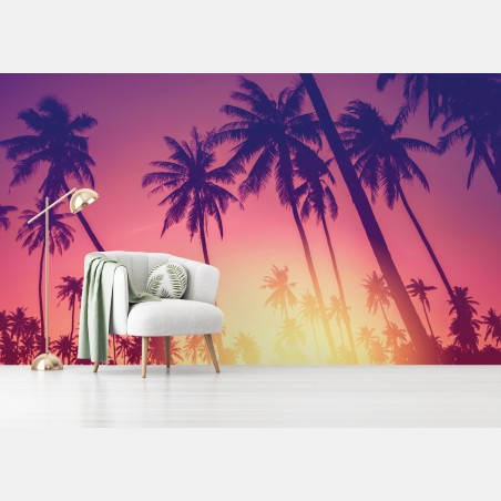 Wall mural tropical palm sunset silhouette • Wallissimo®