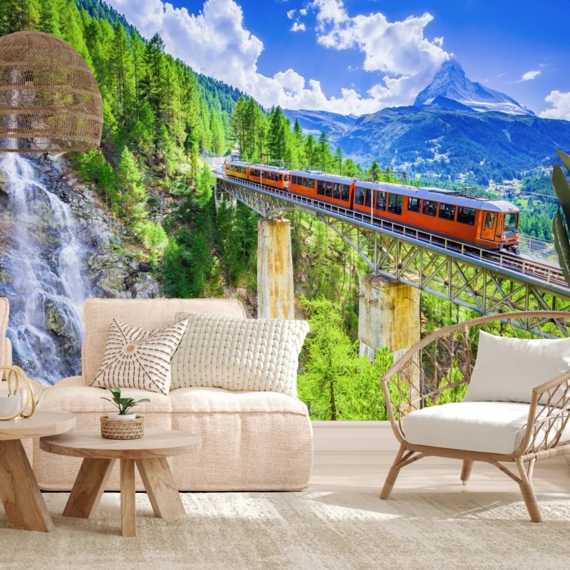 Wall mural Gornergrat train on alpine bridge with Matterhorn