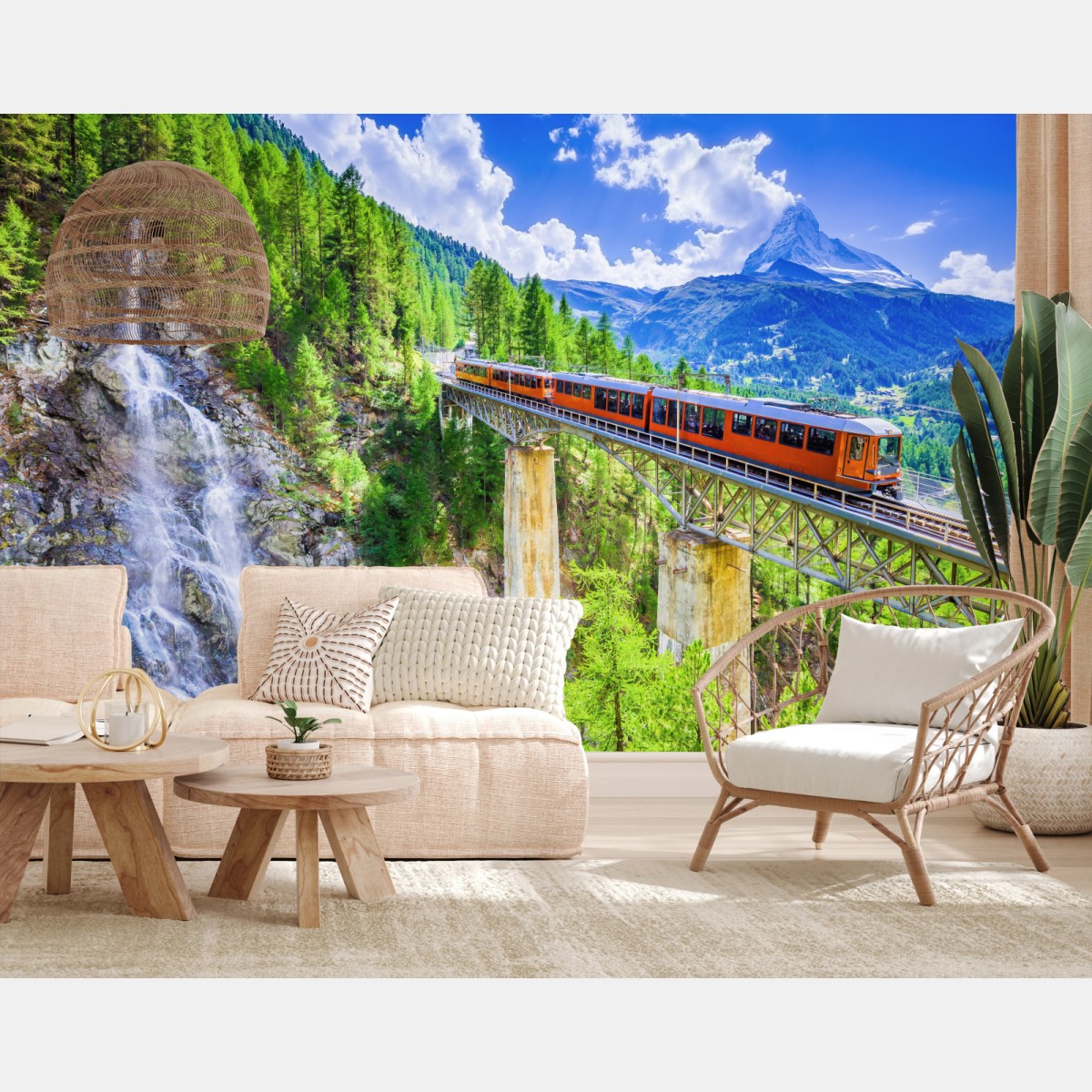 Wall mural Gornergrat train on alpine bridge with Matterhorn • Wallissimo®