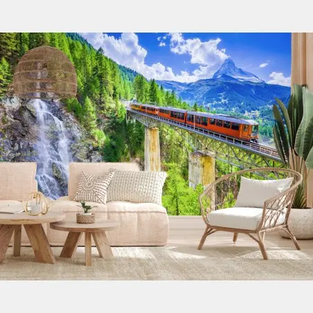 Wall mural Gornergrat train on alpine bridge with Matterhorn • Wallissimo®