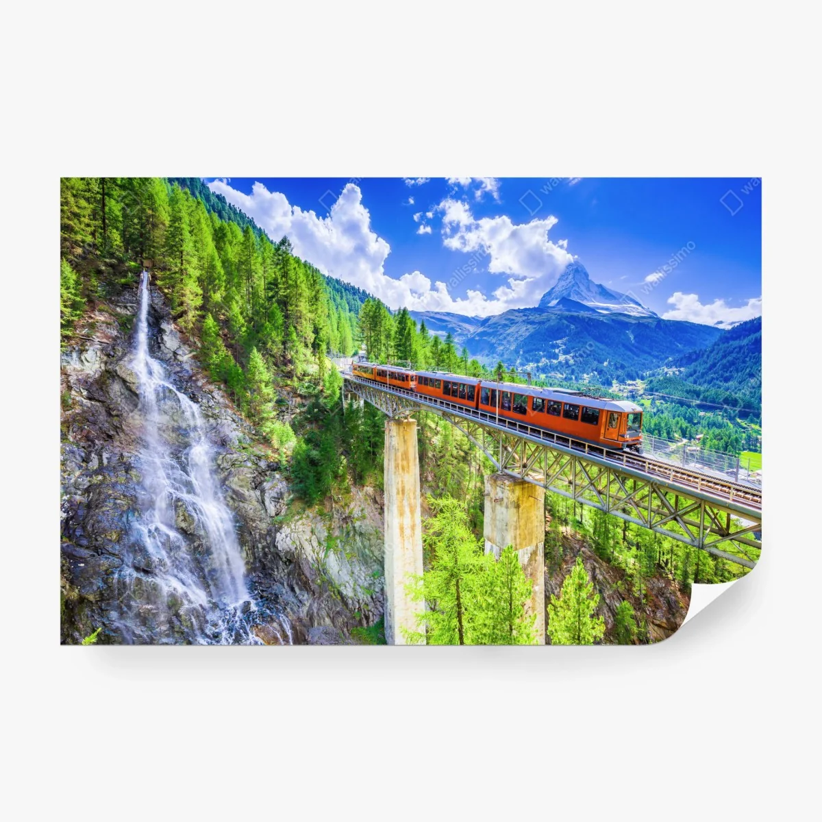 Wall mural Gornergrat train on alpine bridge with Matterhorn ⁕ Wallissimo® Wall mural Gornergrat train on alpine bridge with Matterhorn ⁕ Wallissimo®