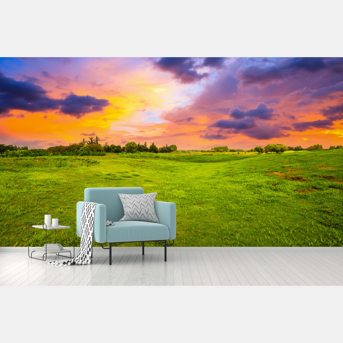 Wall mural sunset over green meadow • Wallissimo®