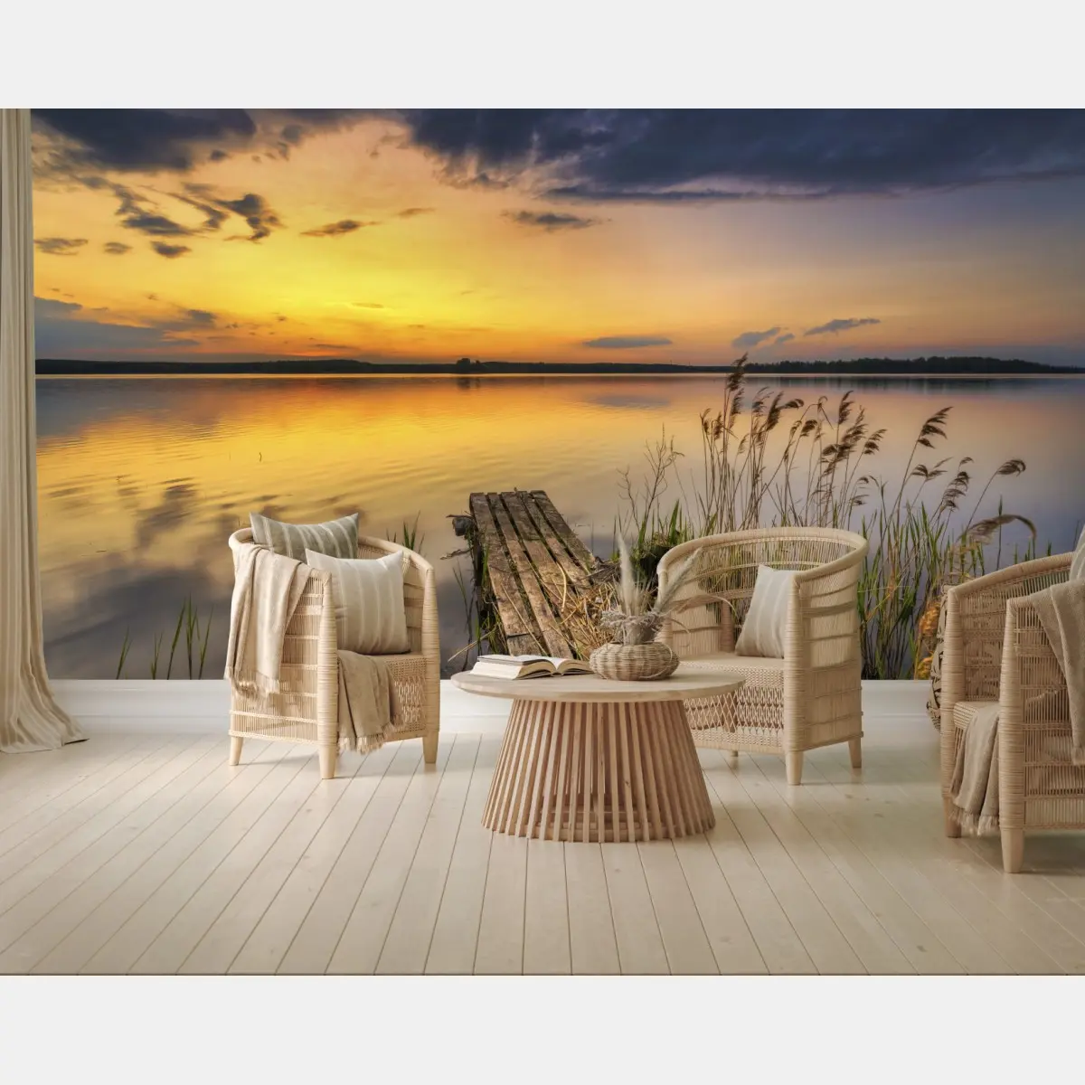 Wall mural golden lake sunset over a quiet dock • Wallissimo®