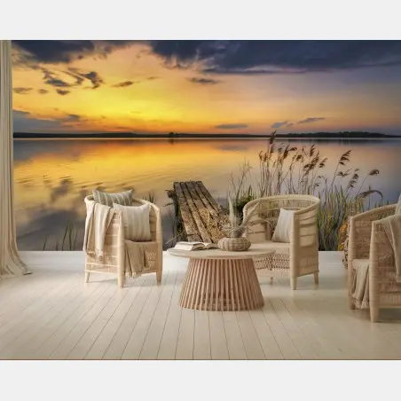 Wall mural golden lake sunset over a quiet dock • Wallissimo®