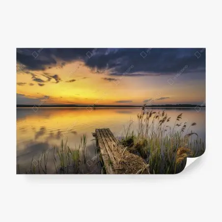 Wall mural golden lake sunset over a quiet dock • Wallissimo®