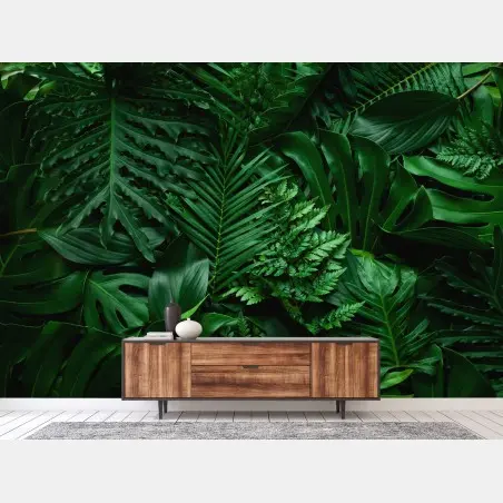 Wall mural lush tropical jungle leaves • Wallissimo®