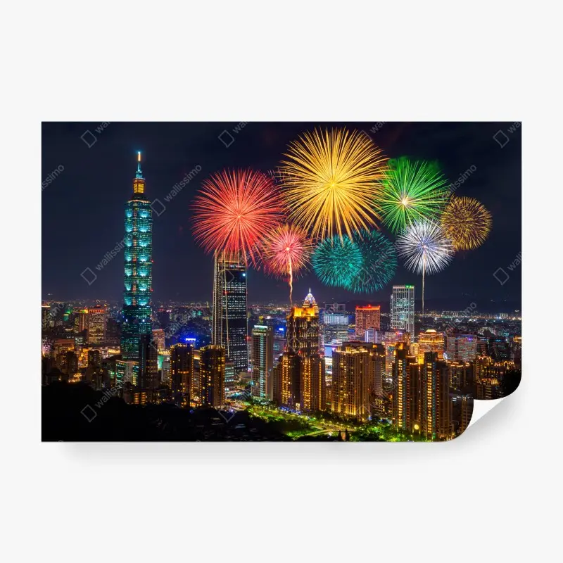 Wall mural Taipei fireworks skyline at night
