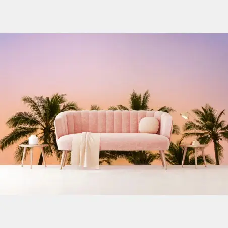 Wall mural tropical palm sunset at the beach • Wallissimo®