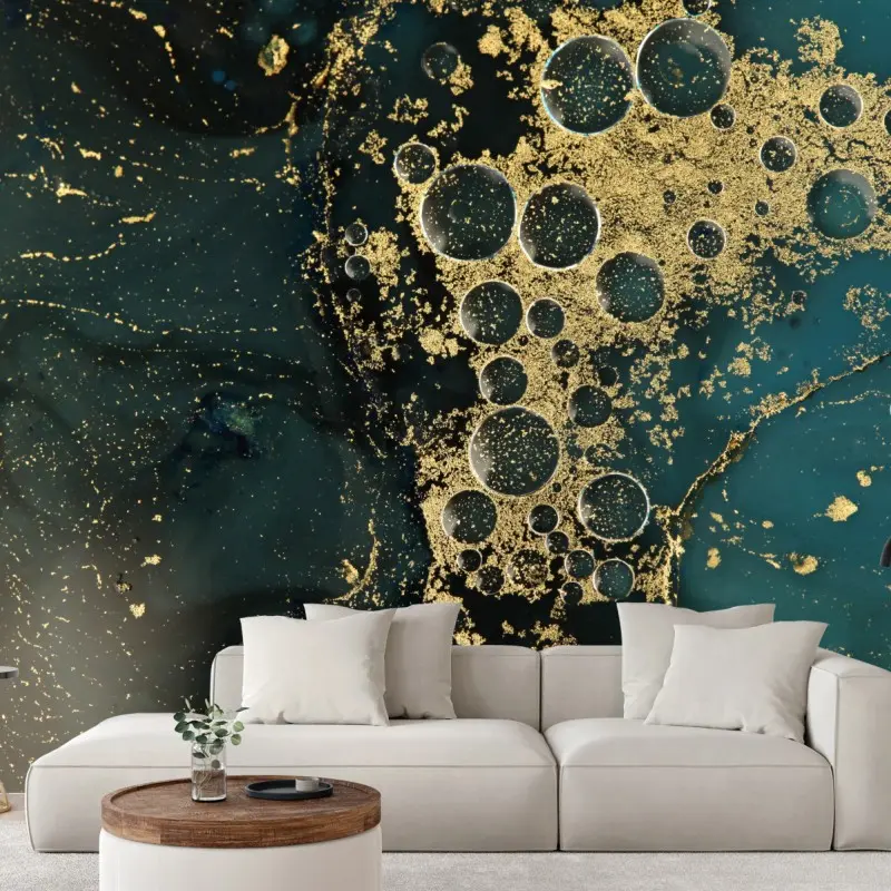 Wall mural turquoise and gold abstract marbled texture