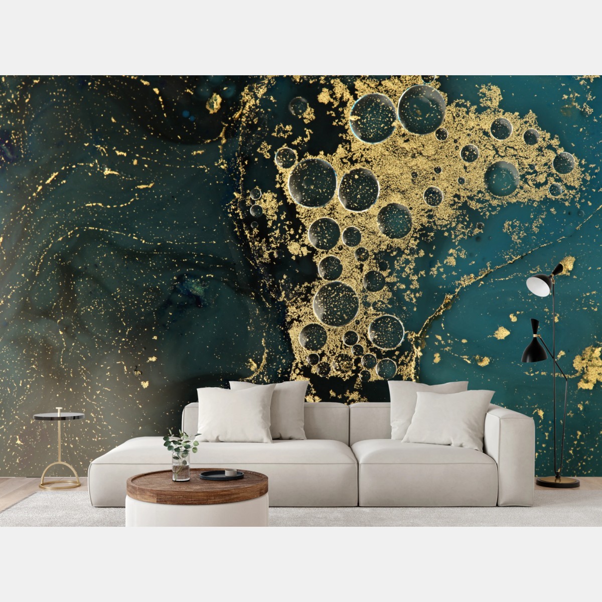 Wall mural turquoise and gold abstract marbled texture • Wallissimo®