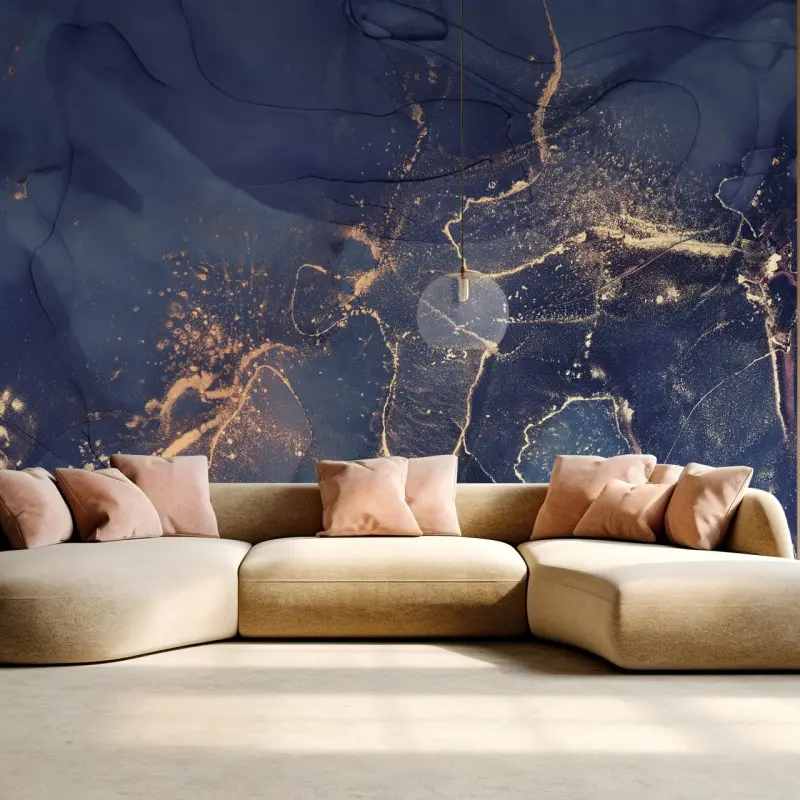 Wall mural navy marble abstract with gold veins
