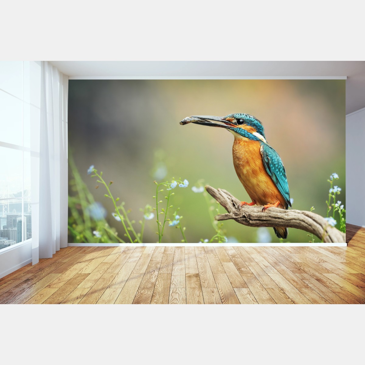 Wall mural kingfisher on branch with fish • Wallissimo®