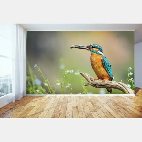 Wall mural kingfisher on branch with fish • Wallissimo®