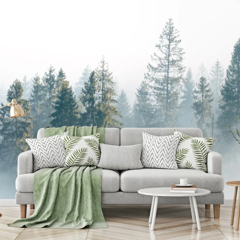 Wall mural misty spruce forest at dawn
